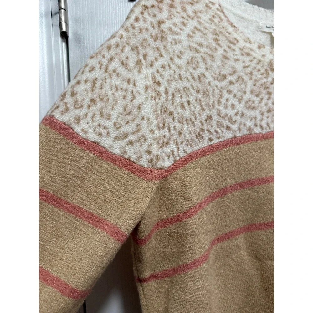 beachlunchlounge‎ Collection Leopard Print Striped Sweater Women's XL Tan Pink